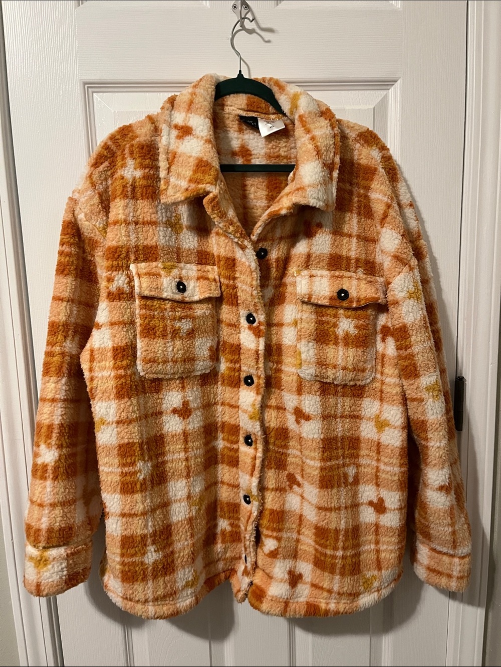 Cozy Plaid Sherpa Shacket in Rust and Cream - Women's Jacket